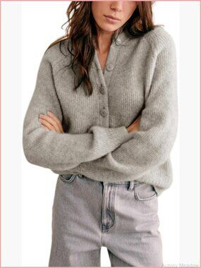 Long Sleeve Crewneck Button Down Cardigan Chunky Knit Open Front Sweater